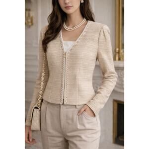 ST. JOHN COUTURE Vintage luxury beaded trim zip up textured blazer sz10